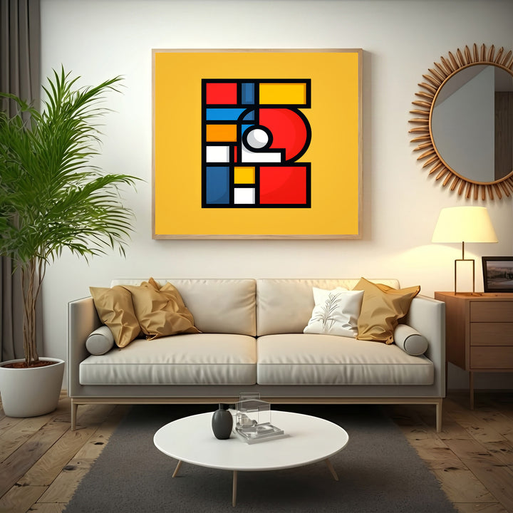 Wadi Home abstract geometric wall art with yellow background, red, blue, and white shapes. Modern art for living room.