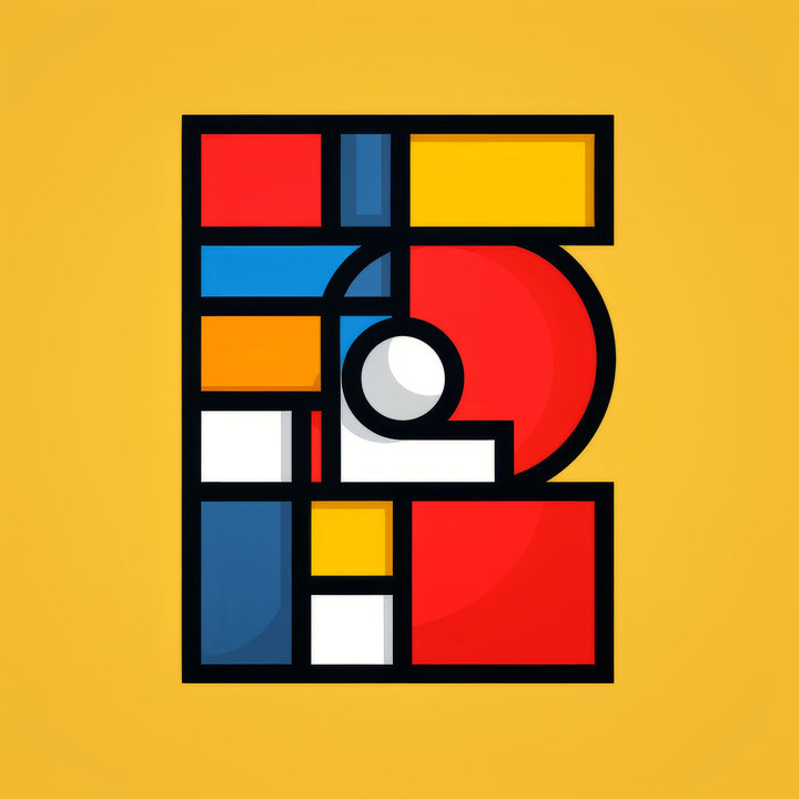 Wadi Home abstract geometric wall art with yellow background, red, blue, and white shapes.