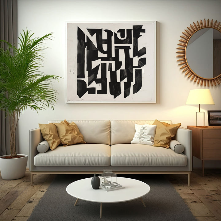 Wadi Home abstract geometric wall art in black and white with bold shapes and sharp lines.