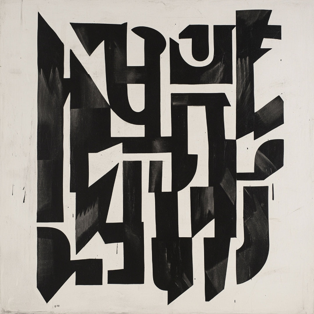 Wadi Home abstract geometric wall art in black and white with dynamic shapes and sharp lines.