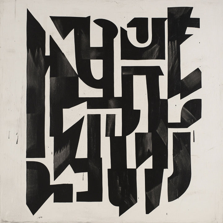 Wadi Home abstract geometric wall art in black and white with dynamic shapes and sharp lines.