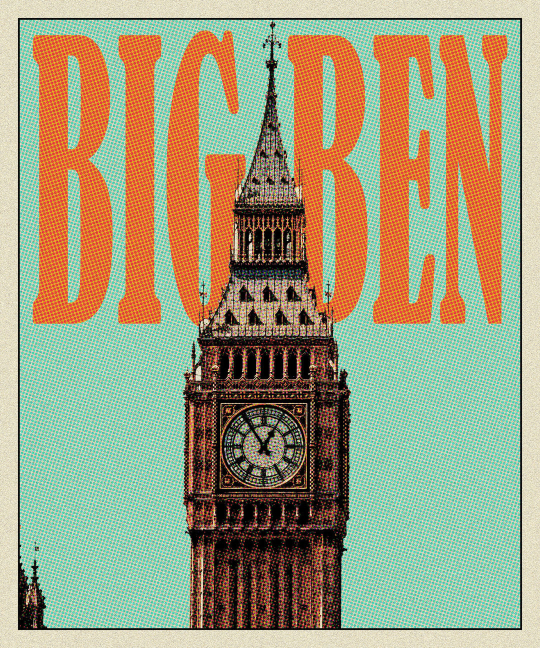 Wadi Home Big Ben landmark artwork with teal background and orange text. Modern graphic art.
