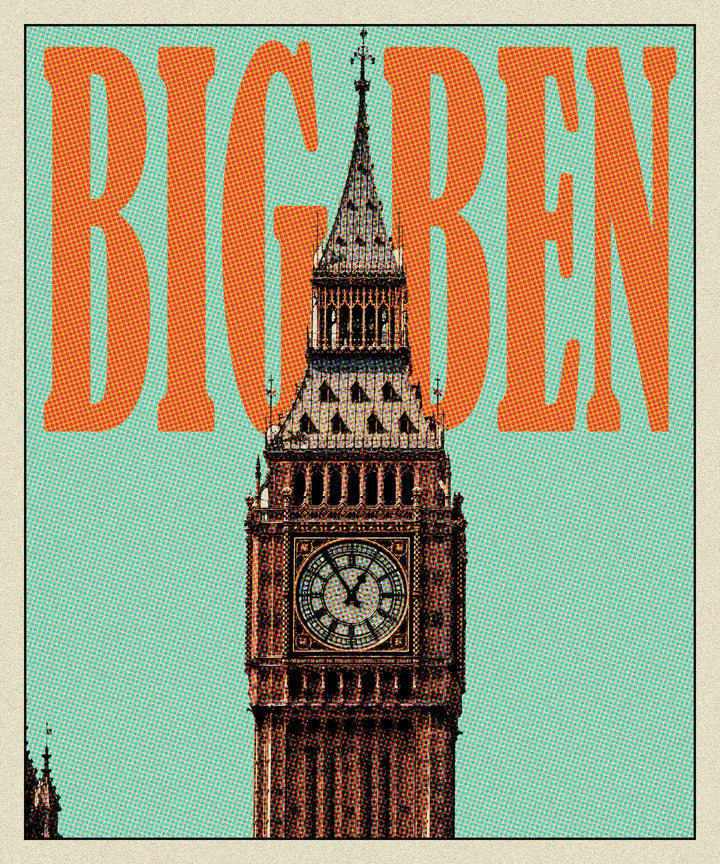Wadi Home Big Ben landmark artwork with teal background and orange text. Modern graphic art.
