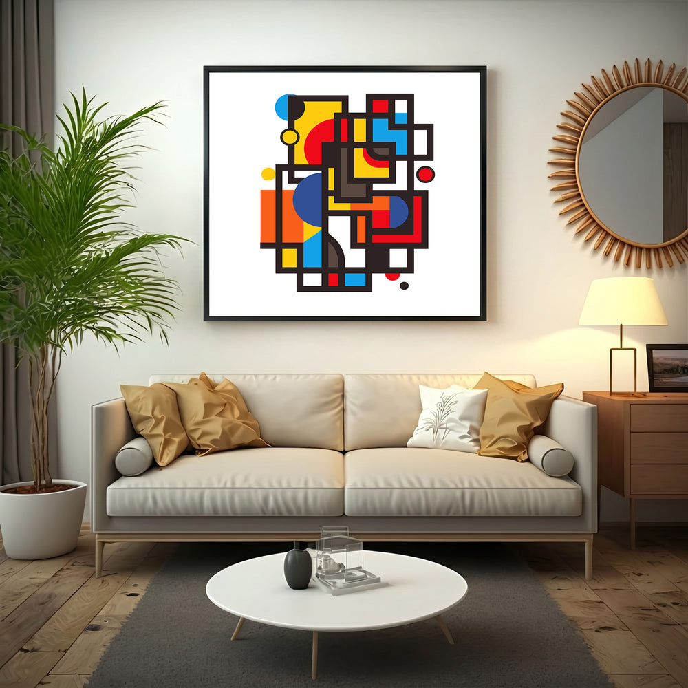 Wadi Home abstract geometric wall art with red, yellow, blue, and orange squares and circles.