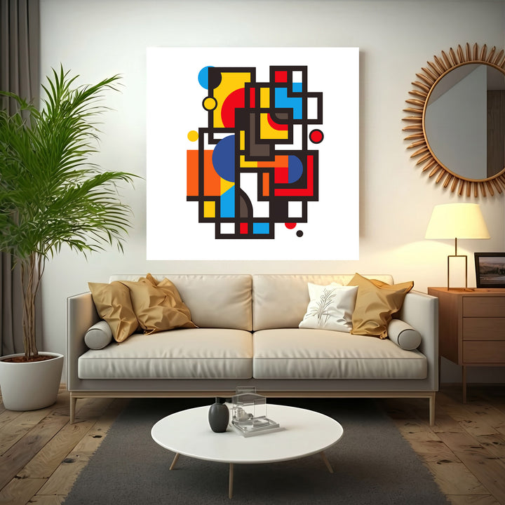 Wadi Home geometric abstract wall art with red, yellow, blue, and orange squares and circles.