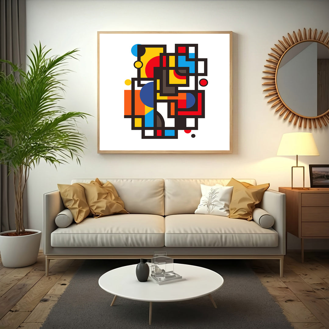 Wadi Home geometric abstract wall art with red, yellow, blue, and orange squares and circles.