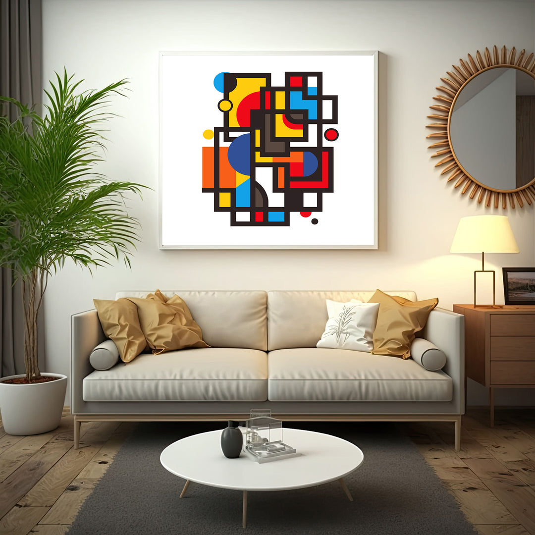 Wadi Home geometric abstract wall art with red, yellow, blue, and orange squares and circles.