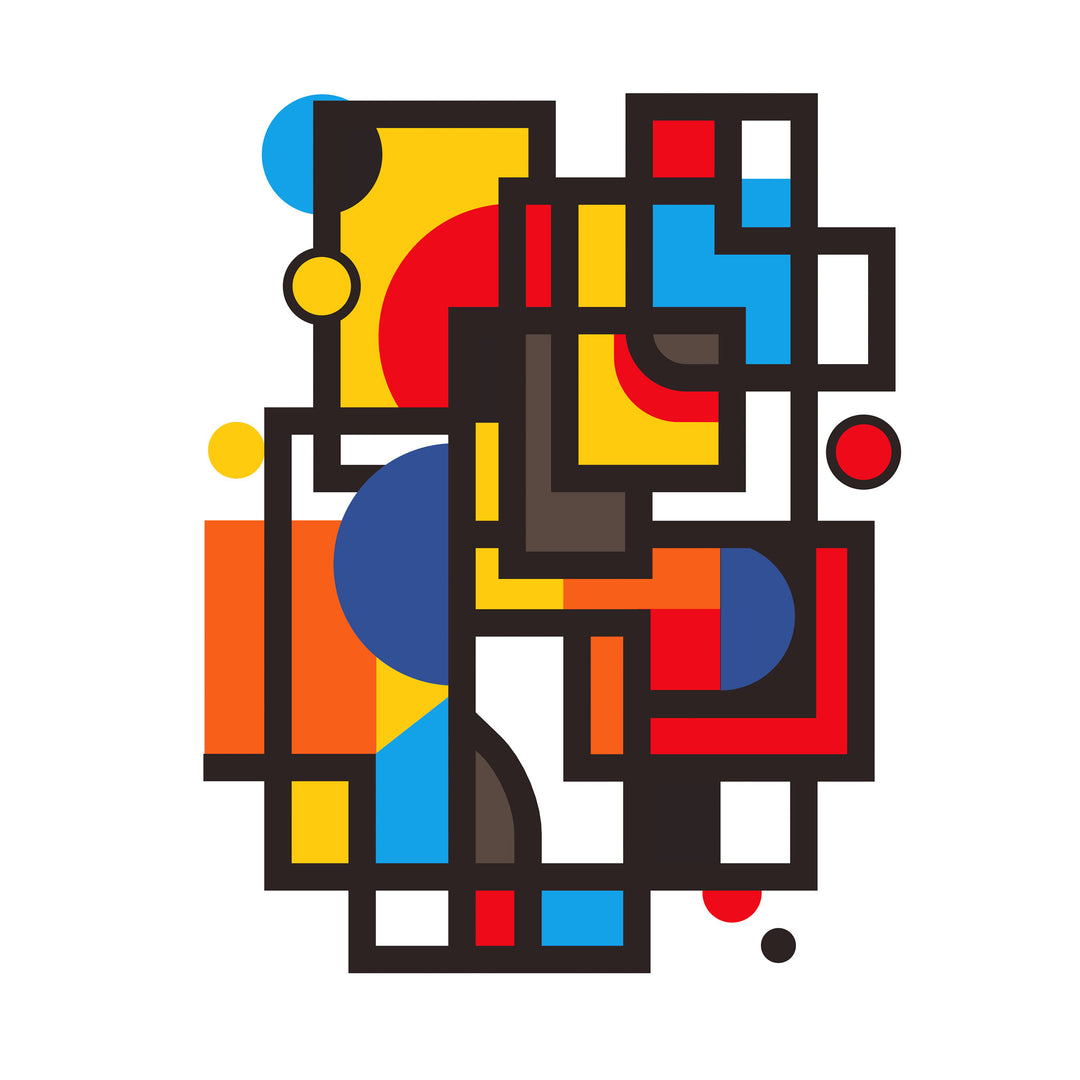 Wadi Home geometric abstract wall art with red, yellow, blue, and orange squares and circles.