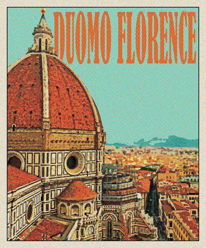 Wadi Home Florence Duomo vintage travel poster with terracotta dome and blue sky, framed art for home decor.