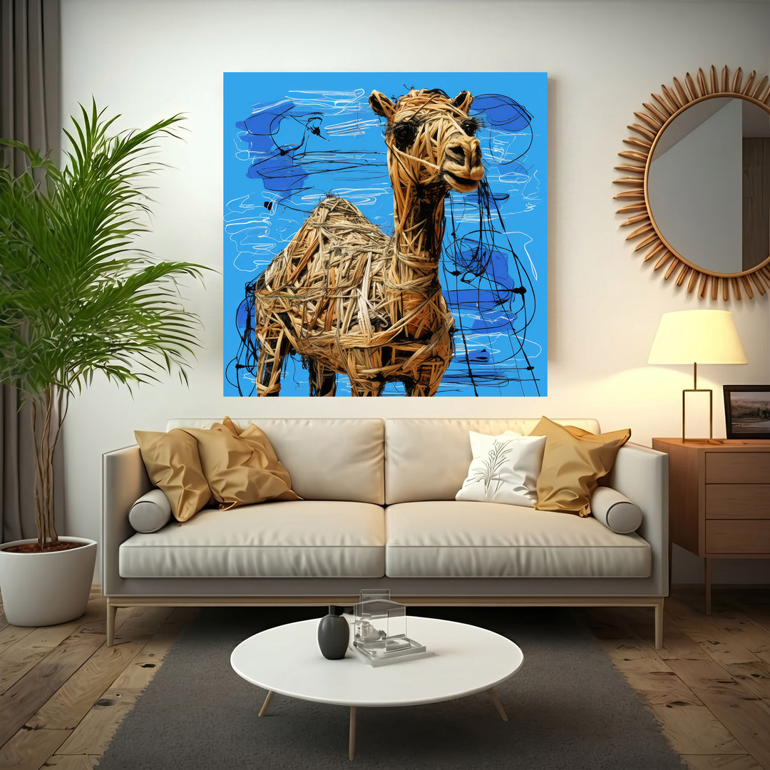 Wadi Home textured camel wall art with woven natural fibers on a vibrant blue background with black and white scribbles.