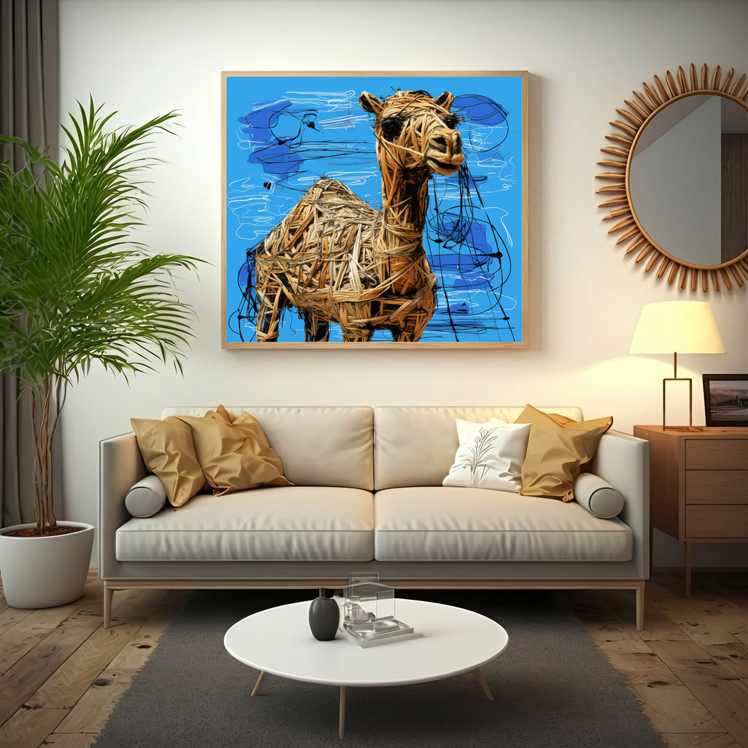 Wadi Home textured camel wall art with woven straw texture on a vibrant blue background with black and white scribbles.