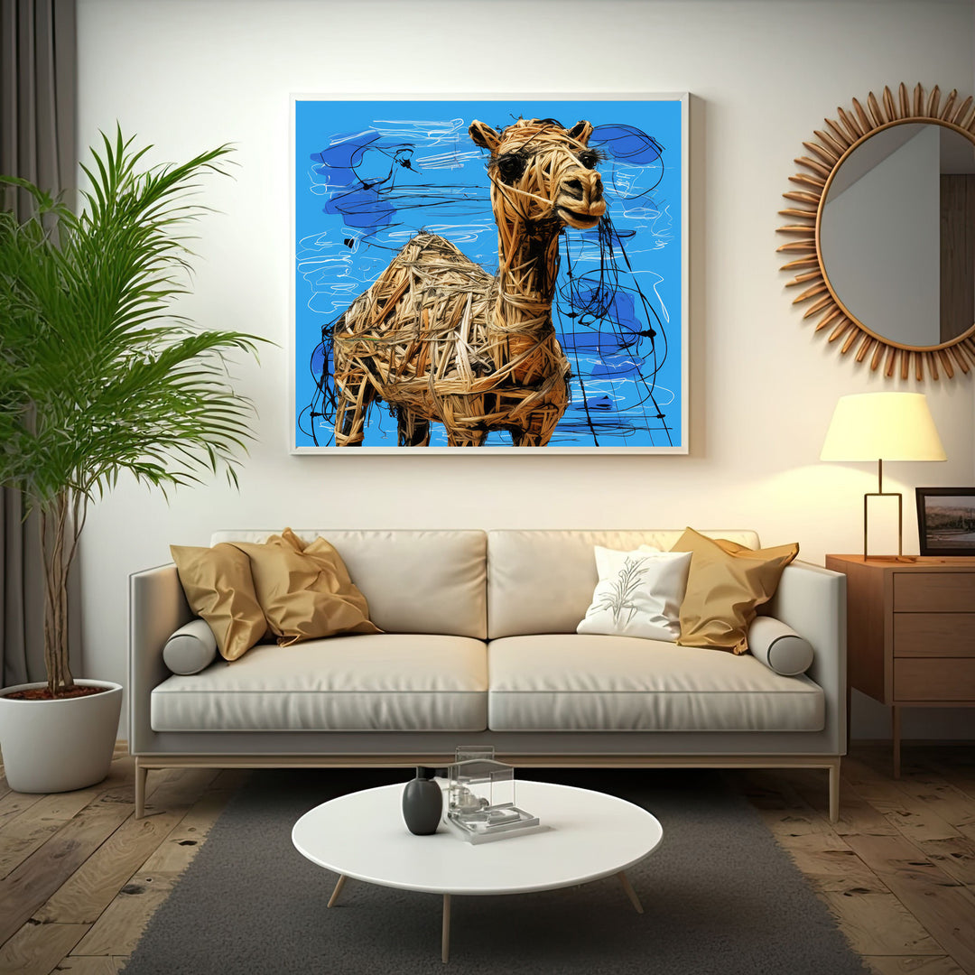 Wadi Home textured camel wall art with woven straw texture on a vibrant blue background with black and white scribbles.