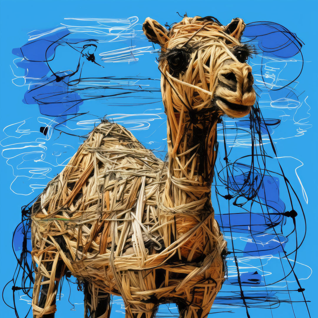 Wadi Home textured camel wall art with woven natural fibers on a vibrant blue background with black and white scribbles.