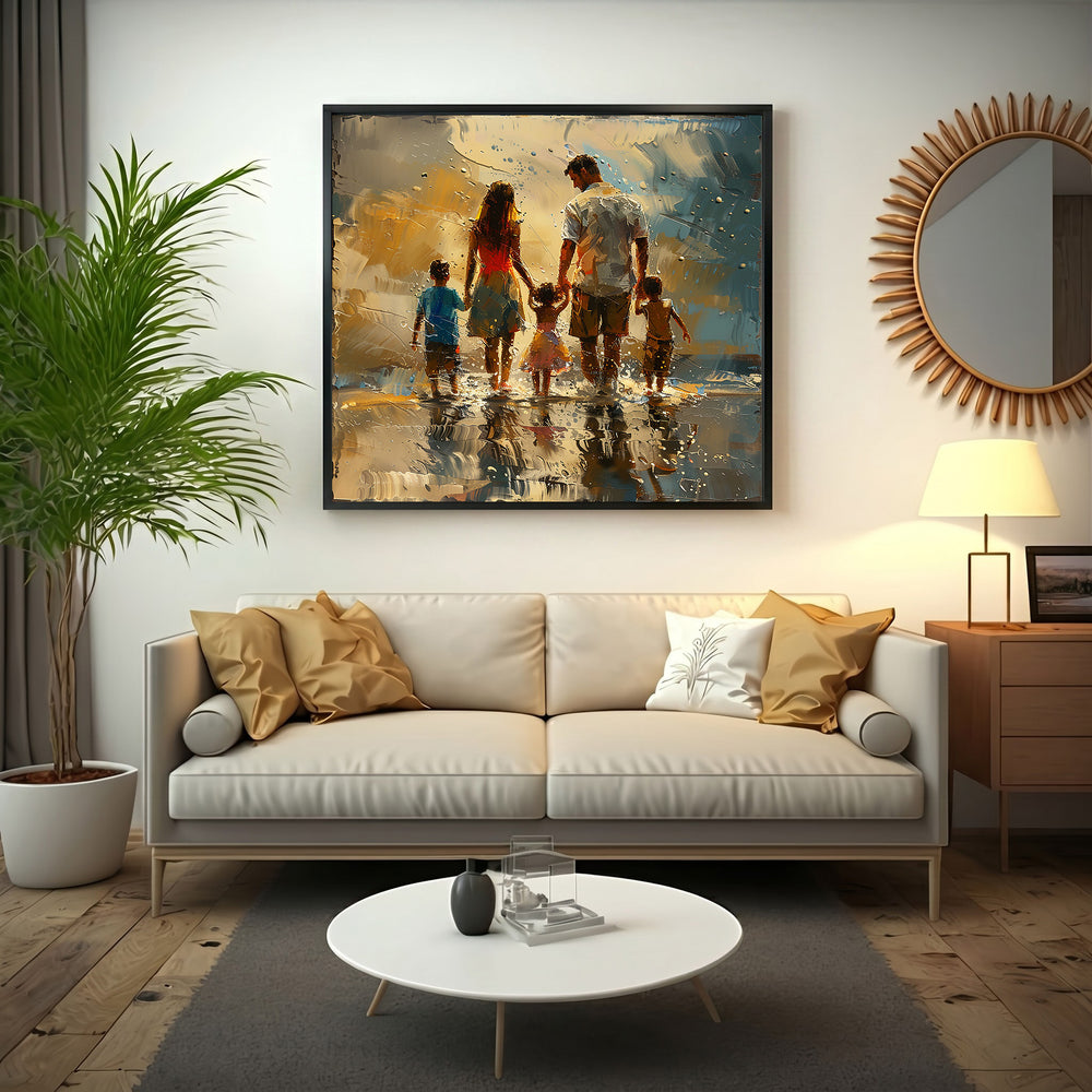 Wadi Home impressionist wall art of a family walking on a beach at sunset, textured brushstrokes, golden hues.