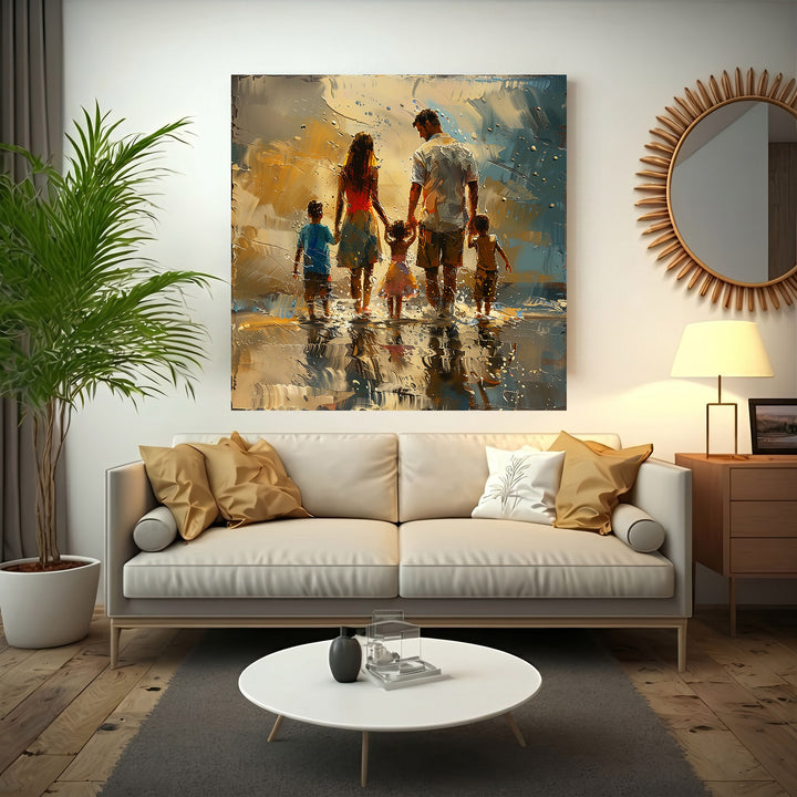 Wadi Home impressionist wall art of a family walking on a beach at sunset, golden hues, textured brushstrokes.