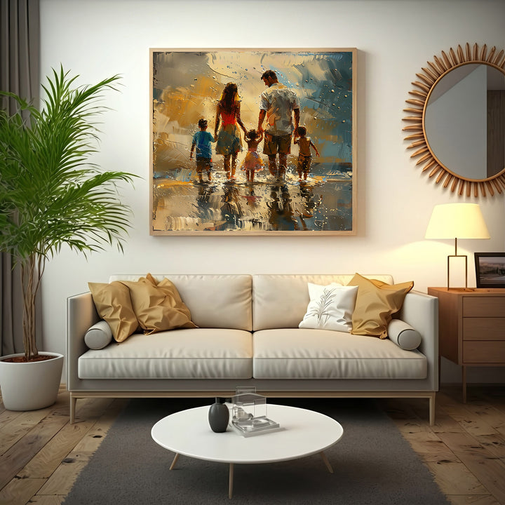 Wadi Home impressionist wall art of a family walking on a beach at sunset, golden hues, textured brushstrokes.