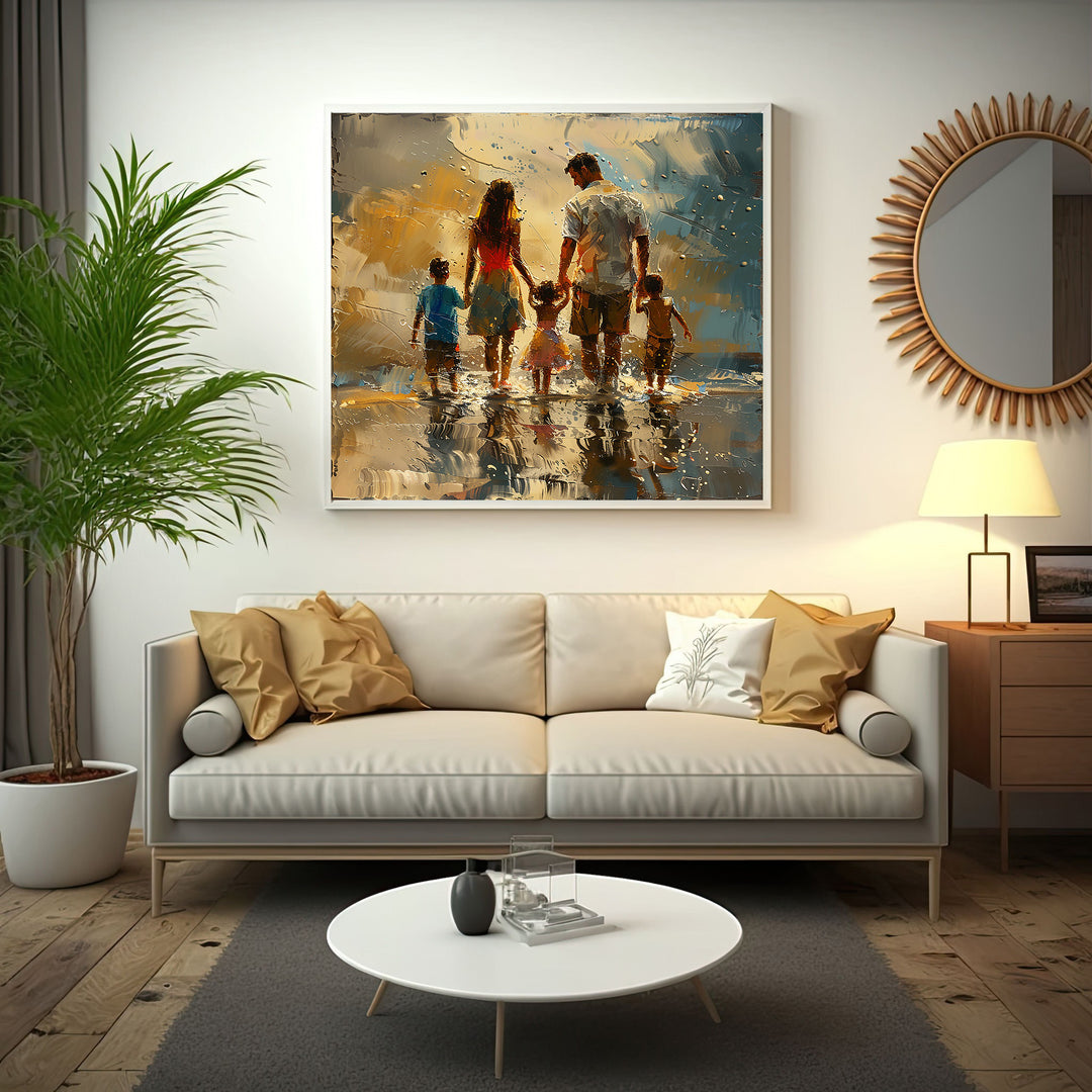 Wadi Home impressionist wall art of a family walking on a beach at sunset, with textured brushstrokes and golden hues.