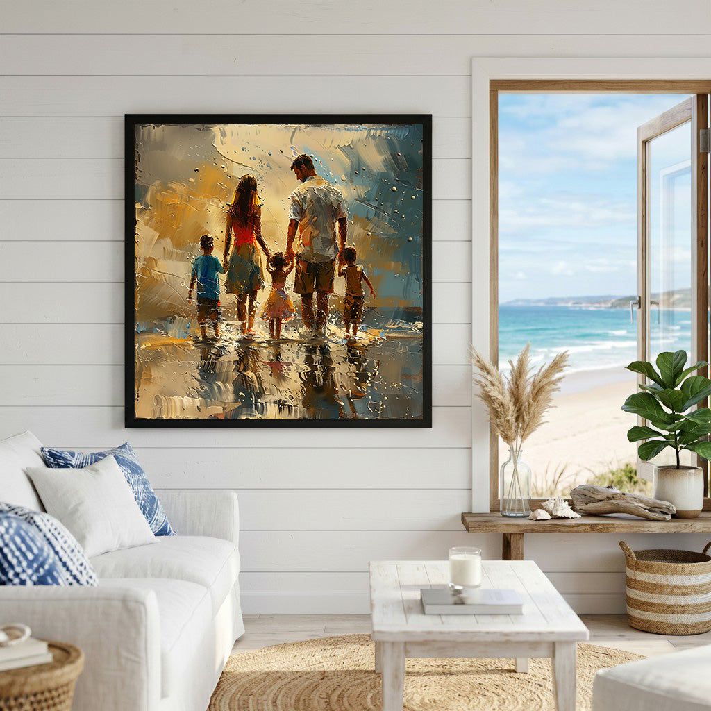 Wadi Home impressionist wall art of a family walking on a beach at sunset, textured brushstrokes, golden hues.