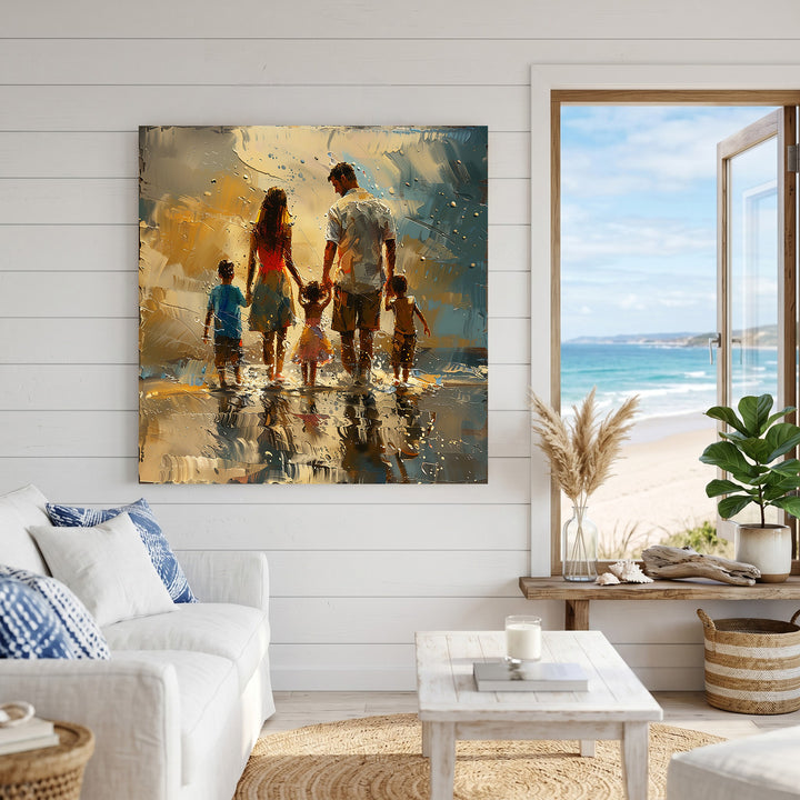 Wadi Home impressionist wall art of a family walking on a beach at sunset, golden hues, textured brushstrokes.