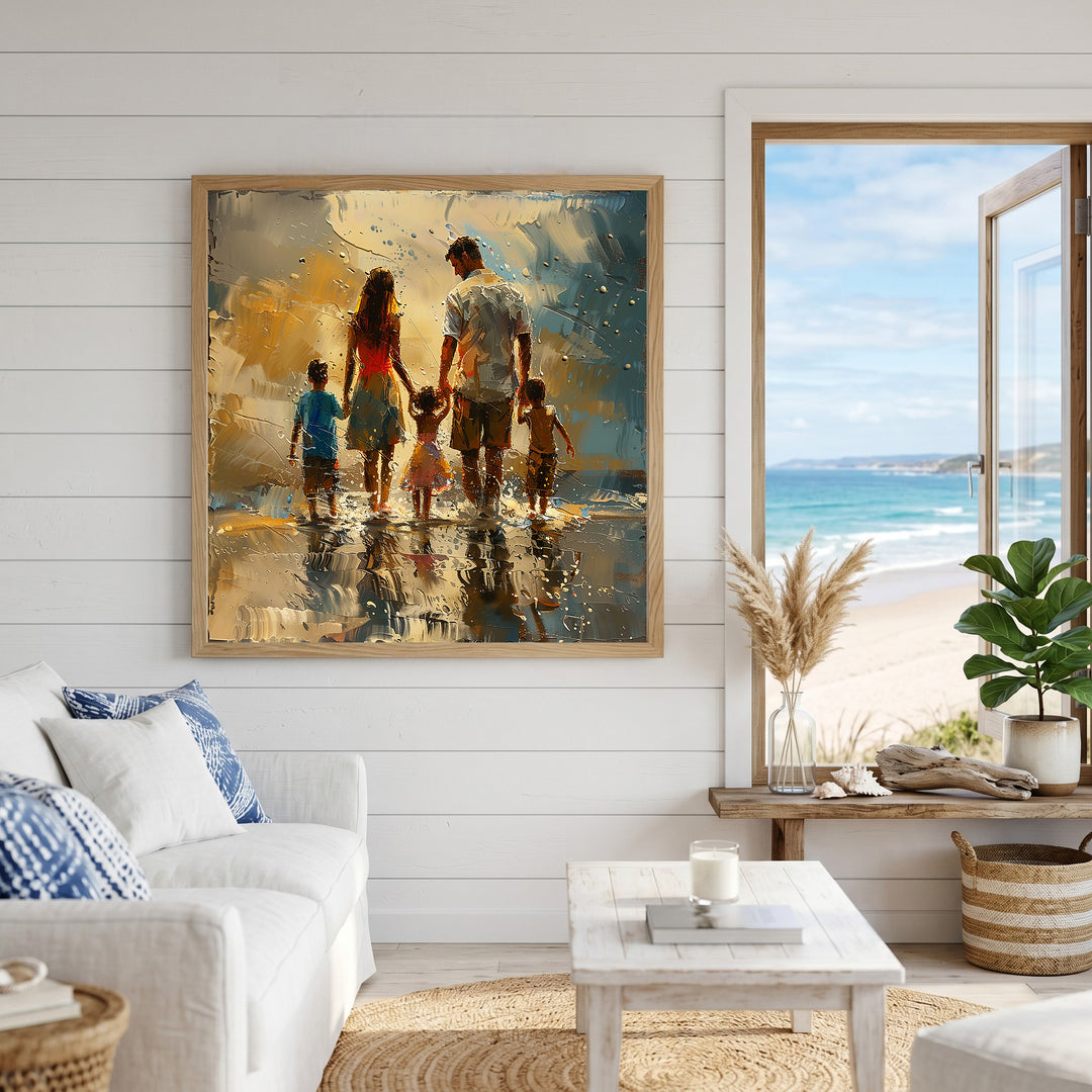 Wadi Home impressionist wall art of a family walking on a beach at sunset, golden hues, textured brushstrokes.