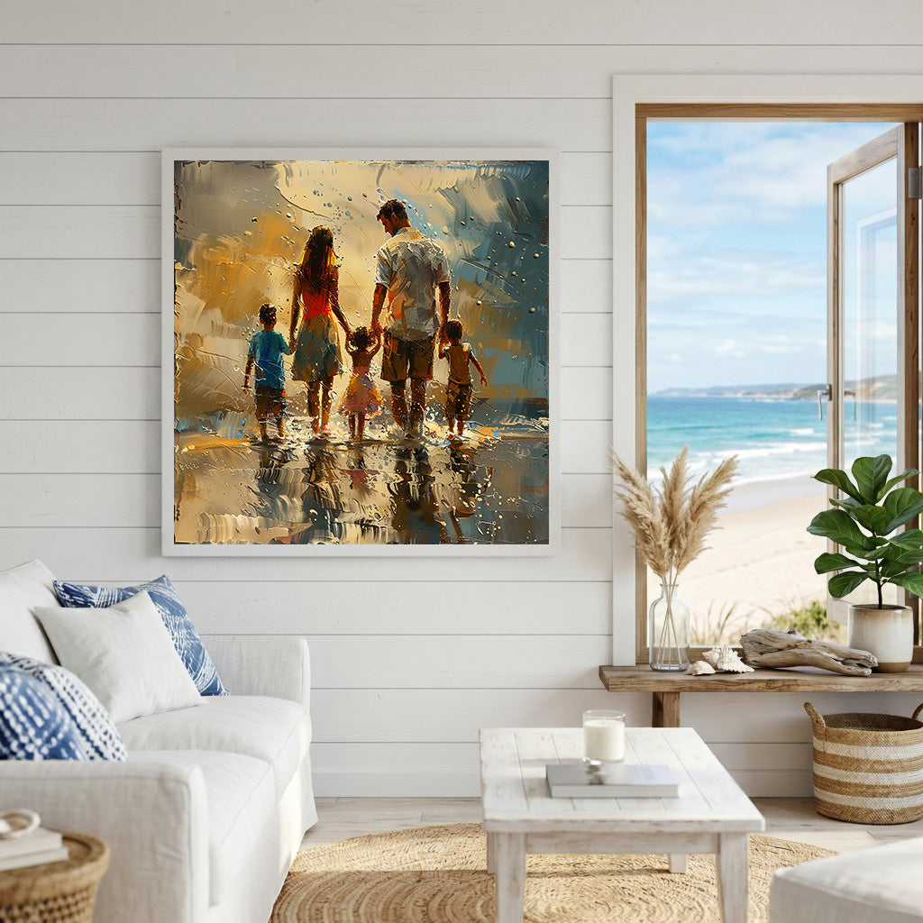 Wadi Home impressionist wall art of a family walking on a beach at sunset, with textured brushstrokes and golden hues.