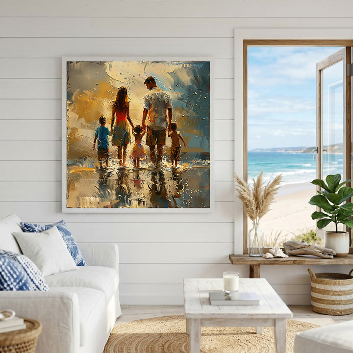 Wadi Home impressionist wall art of a family walking on a beach at sunset, with textured brushstrokes and golden hues.