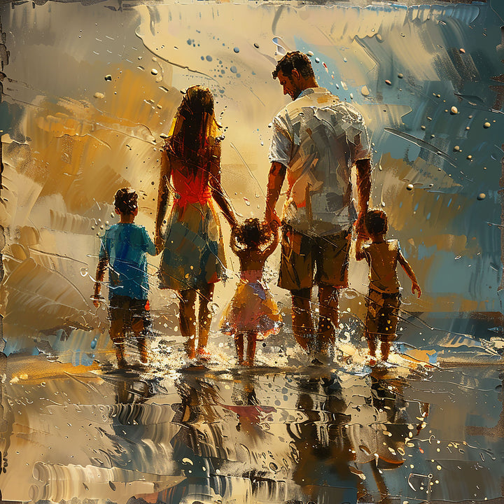 Wadi Home impressionist wall art of a family walking on a beach at sunset, golden hues, textured brushstrokes.