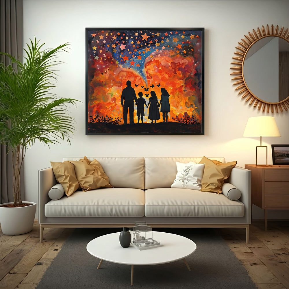 Wadi Home starry sky family wall art with vibrant orange, red, and blue celestial background and silhouetted family holding hands.