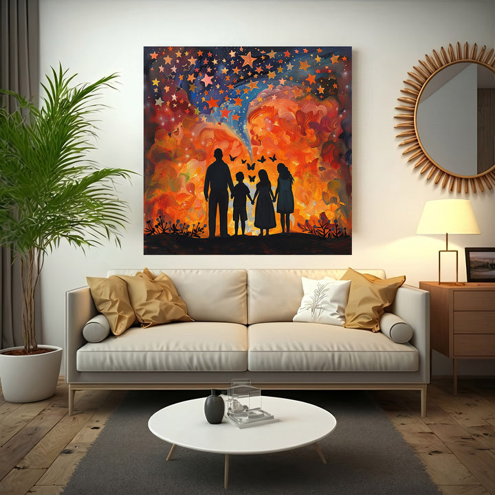 Wadi Home starry sky family wall art with vibrant orange, red, and blue celestial clouds and silhouettes of a family holding hands.
