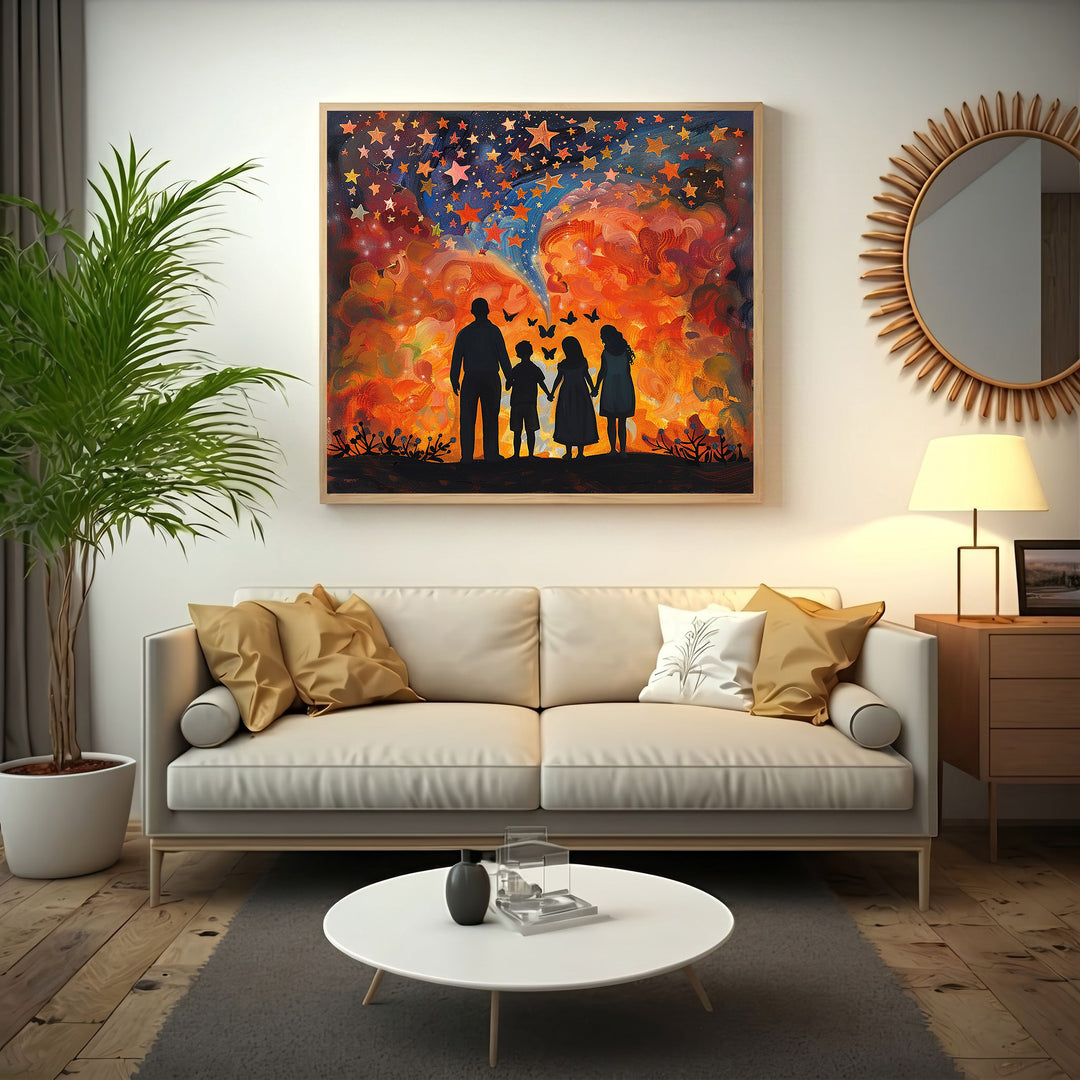 Wadi Home starry sky family wall art with vibrant orange, red, and blue celestial clouds and silhouettes of a family holding hands.