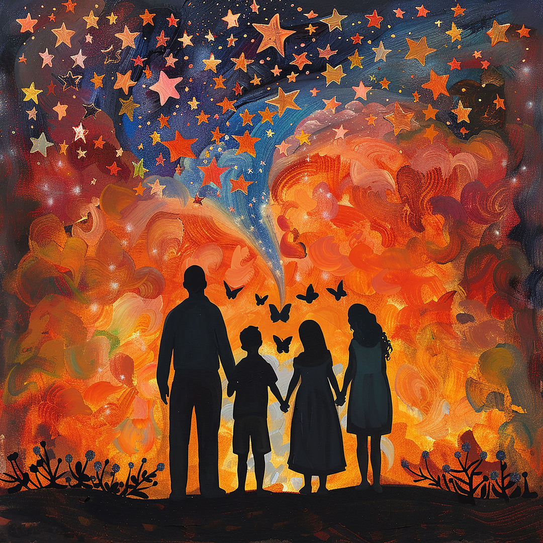 Wadi Home starry sky family wall art with vibrant orange, red, and blue celestial clouds and silhouettes of a family holding hands.