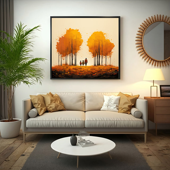 Wadi Home autumn trees wall art with family silhouette walking through golden foliage. Textured brushstrokes create a warm, inviting scene.