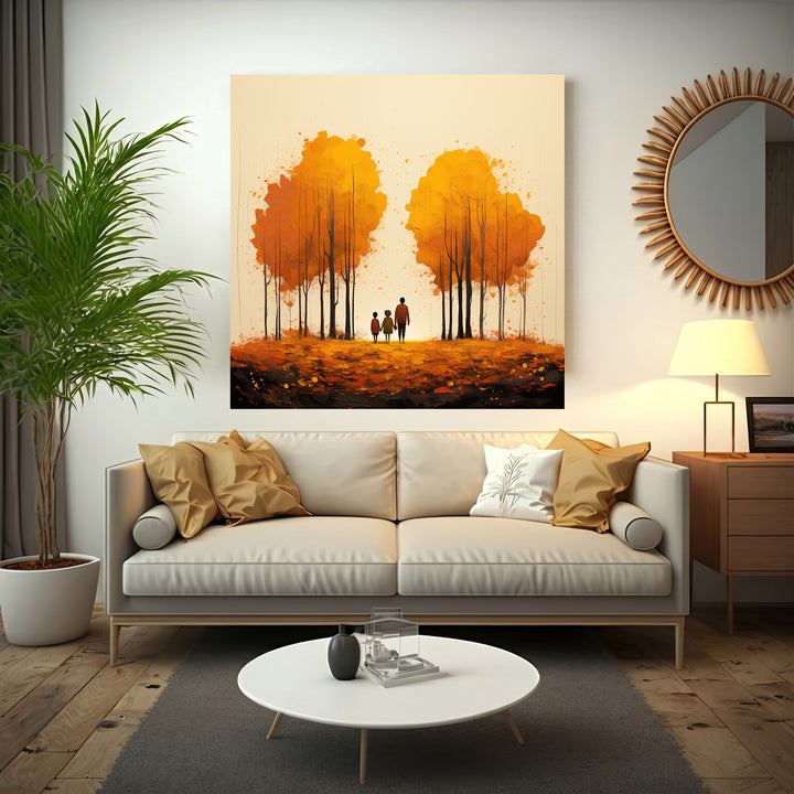 Wadi Home autumn trees wall art featuring a family silhouette walking through golden trees and fallen leaves.