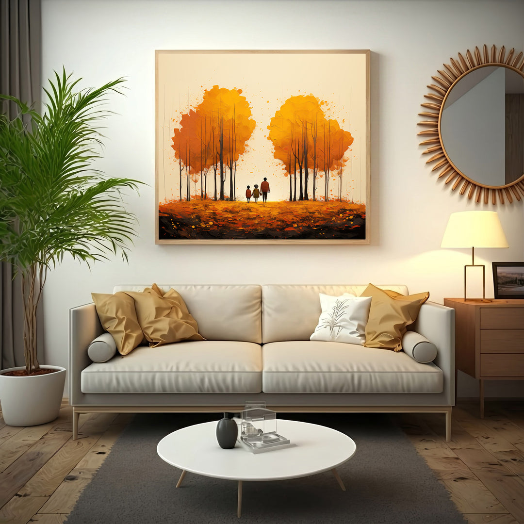 Wadi Home autumn trees wall art with family silhouette walking on fallen leaves, warm golden hues.