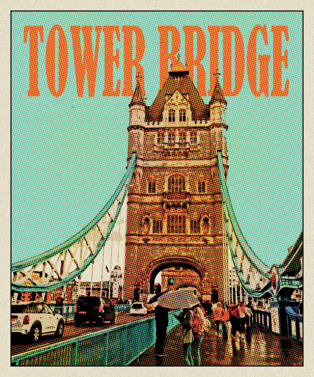 Wadi Home vintage Tower Bridge travel poster with retro illustration, turquoise background, and halftone dot pattern.