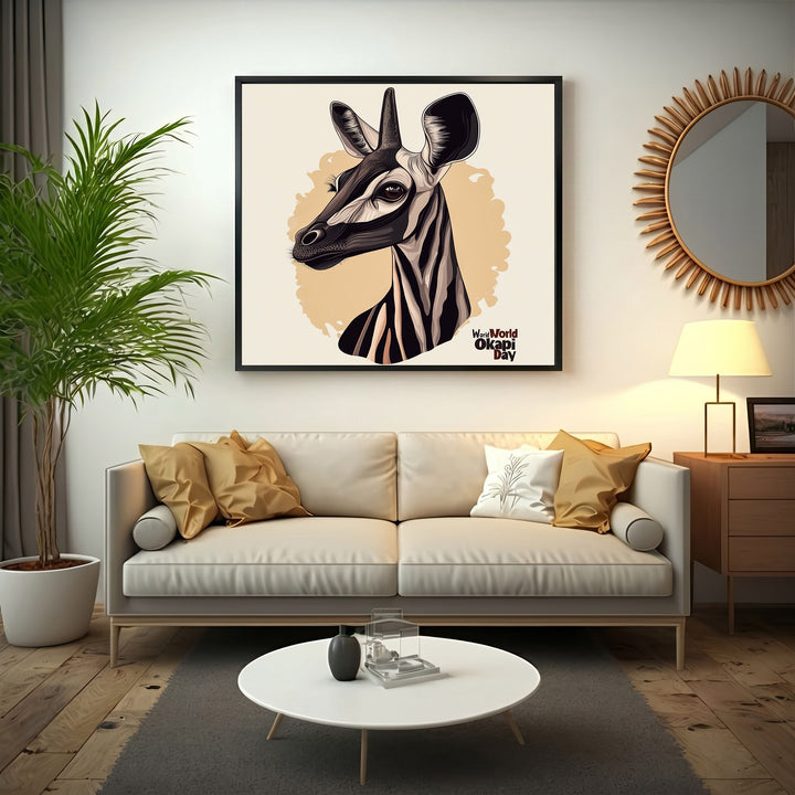 Wadi Home Okapi portrait wall art with distinctive striped legs and gentle gaze, modern artistic style, black and beige tones.