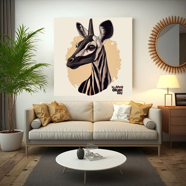 Wadi Home Okapi portrait wall art with distinctive striped legs and gentle gaze, rendered in a modern artistic style on a cream background.