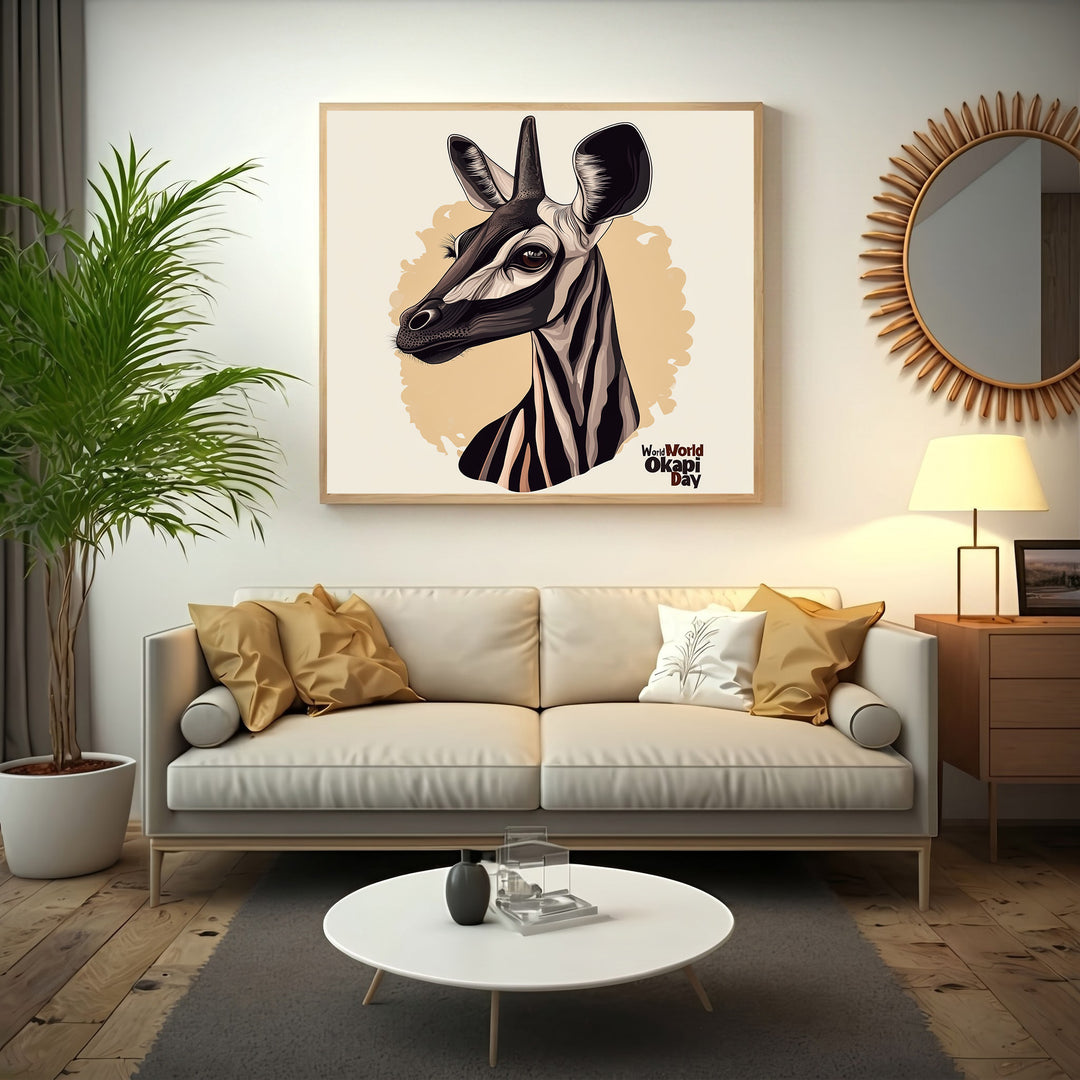 Wadi Home Okapi portrait wall art with distinctive striped legs and gentle gaze, modern artistic style, beige background.
