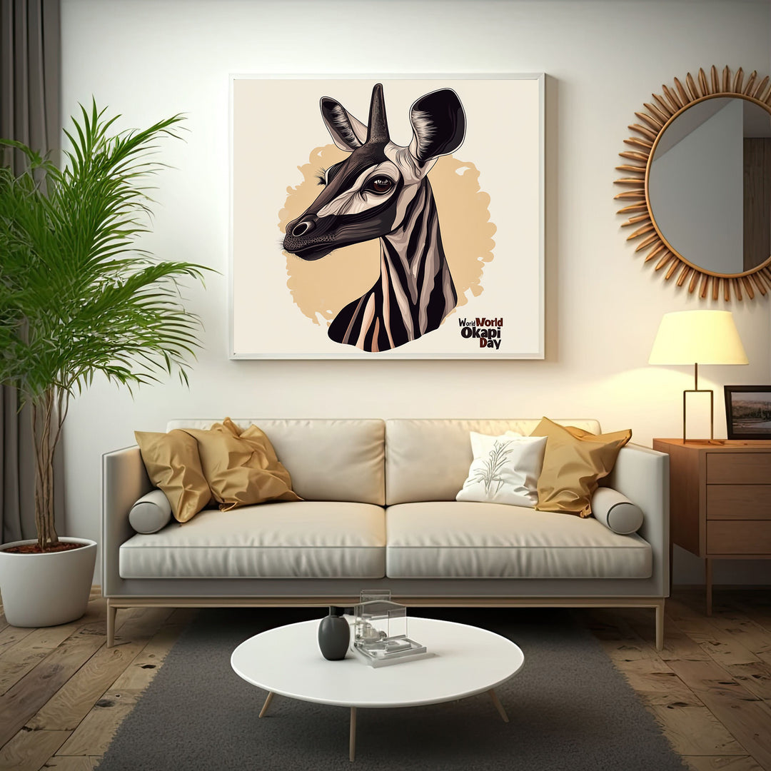 Wadi Home Okapi portrait wall art with distinctive striped legs and gentle gaze, modern artistic style, beige background.