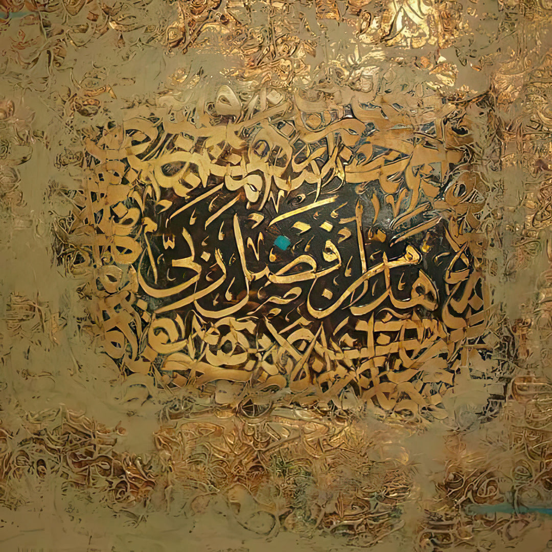 Wadi Home abstract Arabic calligraphy wall art with intricate golden script on a shimmering gold textured background.