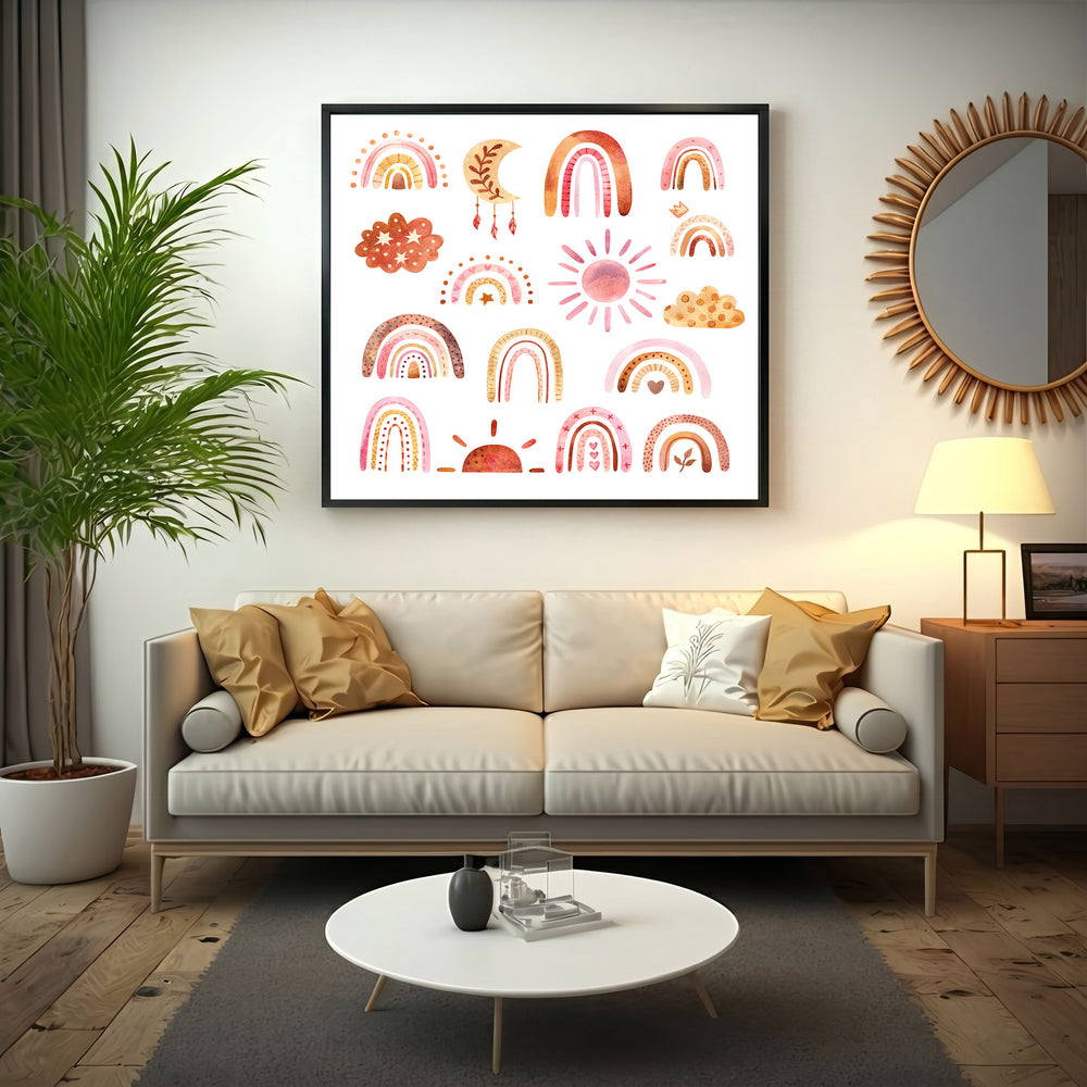 Wadi Home boho rainbow sun moon cloud collection wall art print in soft earthy tones, perfect for nursery decor.