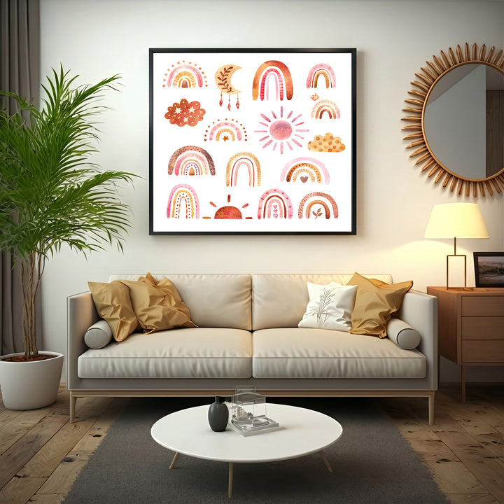Wadi Home boho rainbow sun moon cloud collection wall art print in soft earthy tones, perfect for nursery decor.