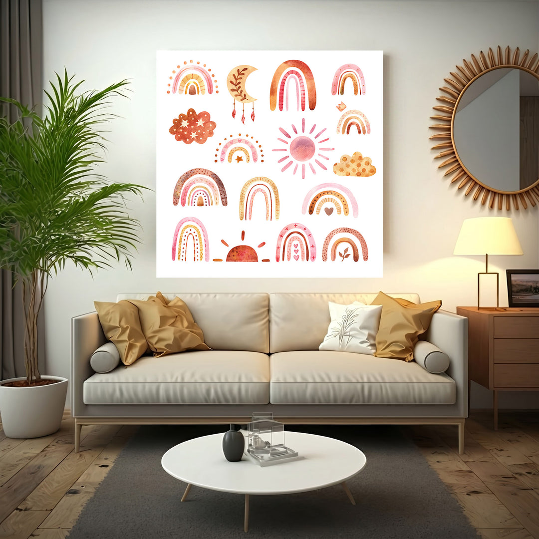 Wadi Home Boho Rainbow Sun Moon Cloud Collection Wall Art. Watercolor-style prints in earthy tones for nursery or playroom decor.
