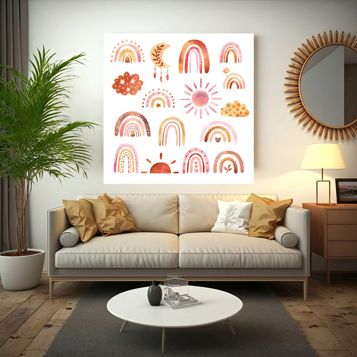 Wadi Home Boho Rainbow Sun Moon Cloud Collection Wall Art. Watercolor-style prints in earthy tones for nursery or playroom decor.