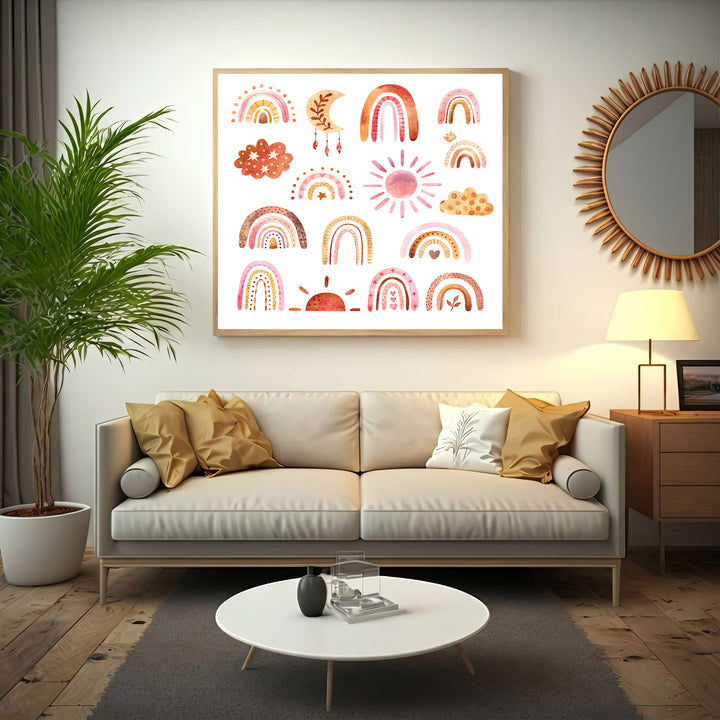 Wadi Home Boho Rainbow Sun Moon Cloud Collection Wall Art print with watercolor illustrations in earthy tones. Features rainbows, suns, moons, and clouds.