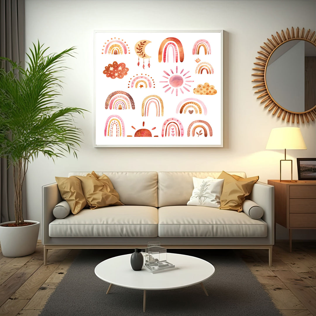 Wadi Home Boho Rainbow Sun Moon Cloud Collection Wall Art print featuring watercolor illustrations of rainbows, suns, moons, and clouds in soft, earthy tones.