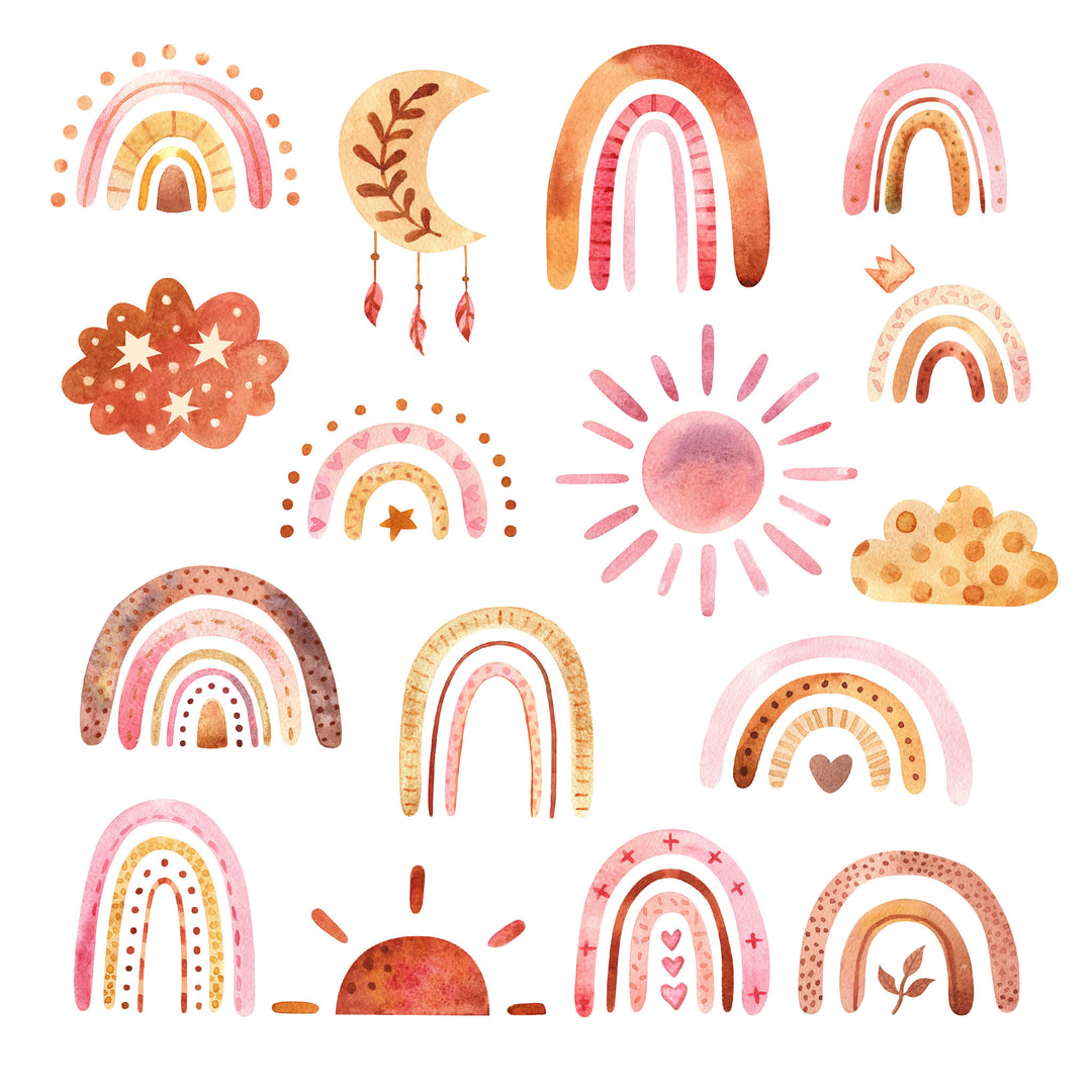 Wadi Home Boho Rainbow Sun Moon Cloud Collection Wall Art. Watercolor-style prints in earthy tones for nursery or playroom decor.