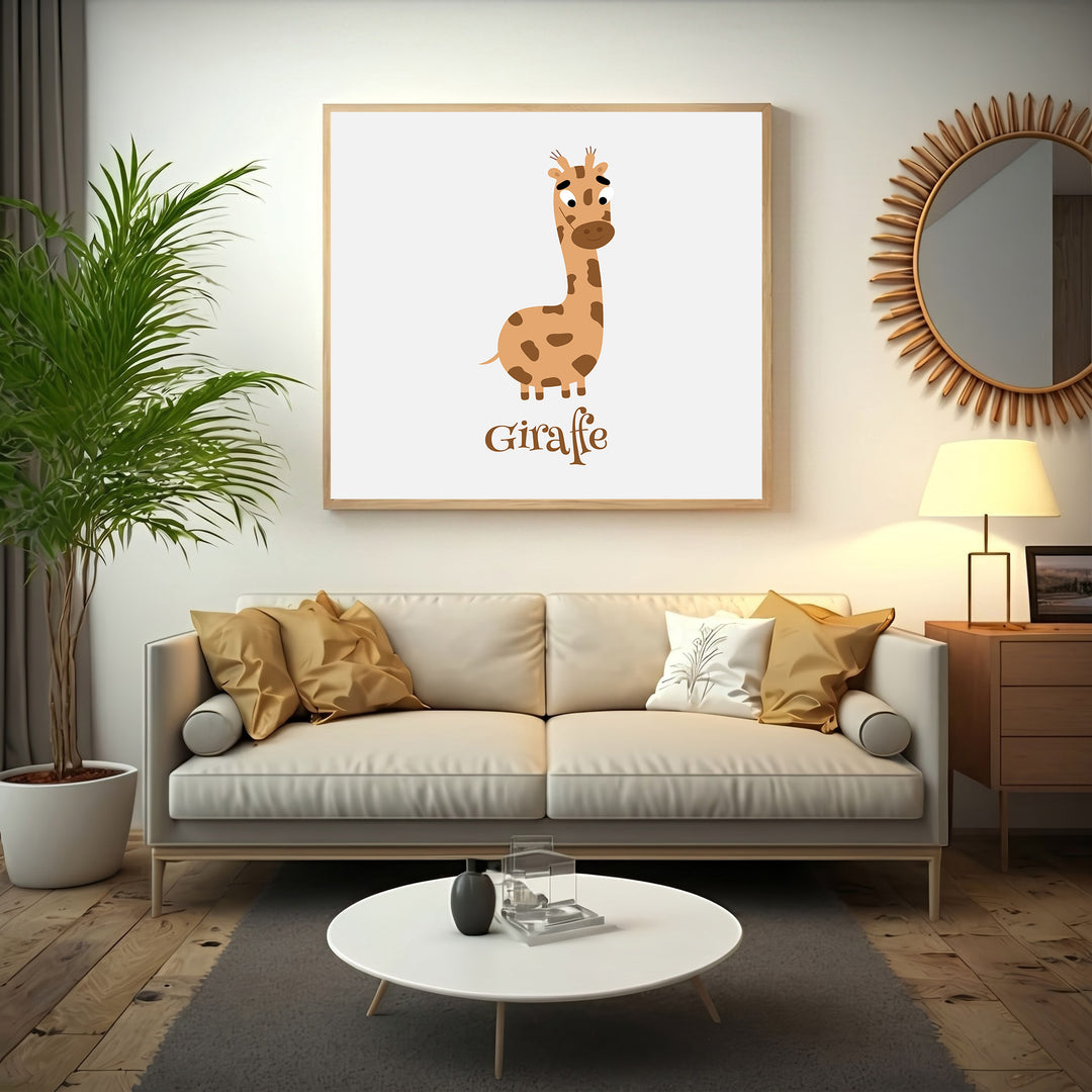 Wadi Home cartoon giraffe nursery wall art in brown and tan hues, perfect for a baby's room.