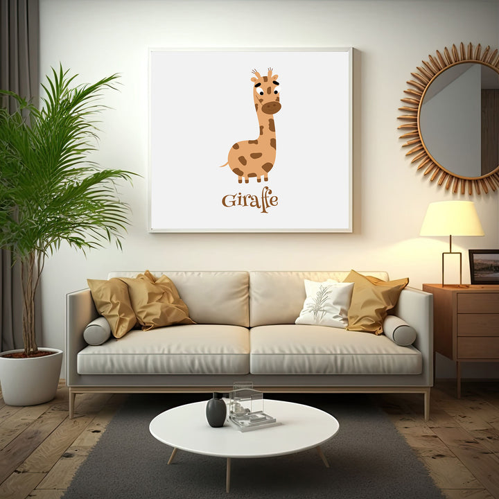 Wadi Home cartoon-style giraffe nursery wall art in warm brown and tan hues, perfect for a child's room.