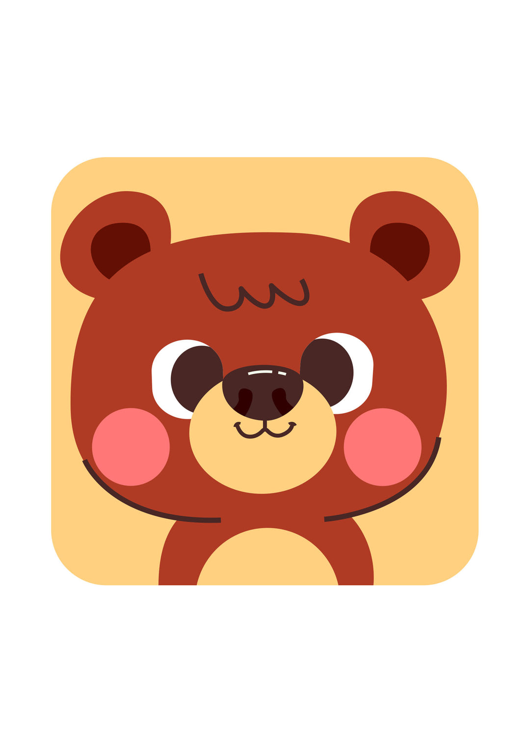 Wadi Home cute brown bear illustration with pink cheeks on a yellow square background, cartoon style, for nursery decor.